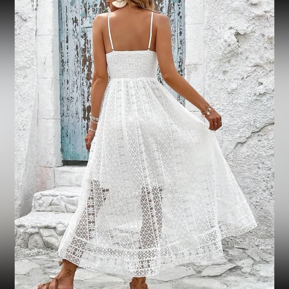 White Guipure Sheer Mesh Lace Tassel Cami Dress Boho - Picture 2 of 6